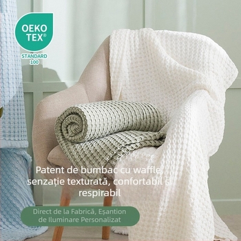 Pătură pentru canapea în stil scandinav, cu textură waffle, 50% fibre de bambus + 50% bumbac, sub 300 g, potrivită pentru toate sezoanele.