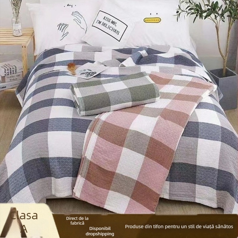 Cuvertură din tifon cu trei straturi, 99% bumbac, vopsire reactive, model geometric, greutate 1,05–1,50 kg, primăvară–toamnă