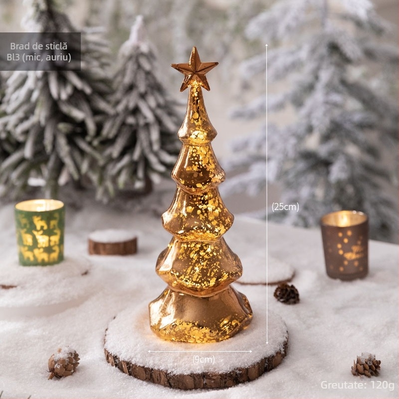 Brad de Crăciun din sticlă pentru desktop — stil european, iluminat, decor de masă (Material: sticlă; Brand: Jackie; Utilizare: Desktop; Categoria: Brad de Crăciun; IP: Nu)