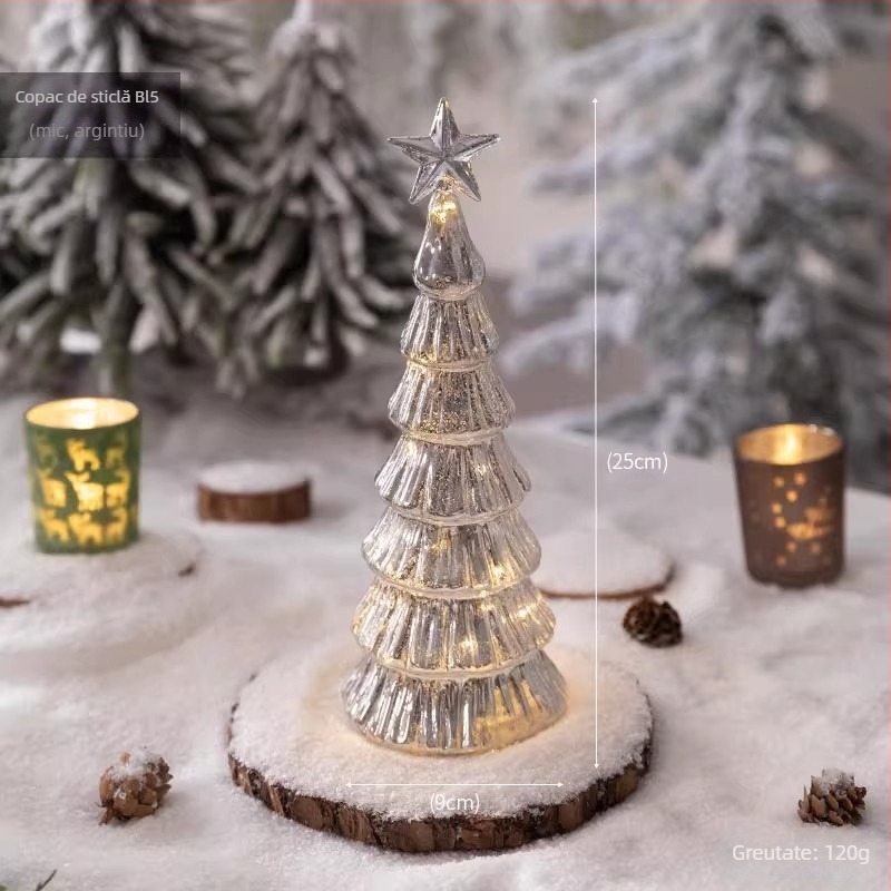 Brad de Crăciun din sticlă pentru desktop — stil european, iluminat, decor de masă (Material: sticlă; Brand: Jackie; Utilizare: Desktop; Categoria: Brad de Crăciun; IP: Nu)