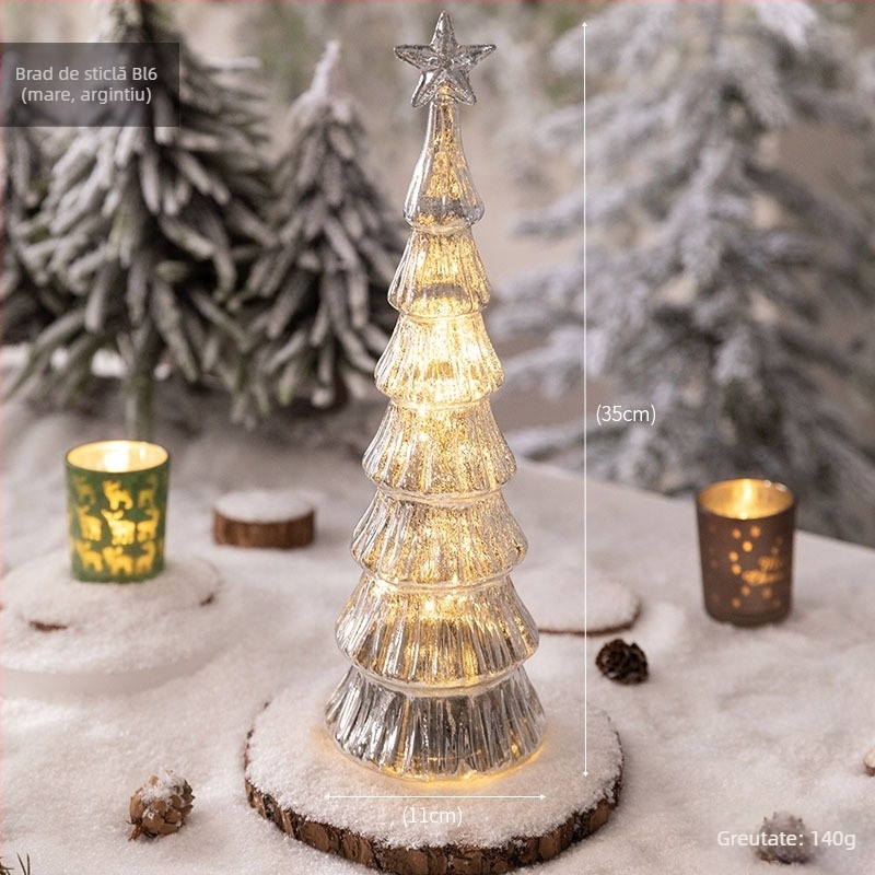 Brad de Crăciun din sticlă pentru desktop — stil european, iluminat, decor de masă (Material: sticlă; Brand: Jackie; Utilizare: Desktop; Categoria: Brad de Crăciun; IP: Nu)