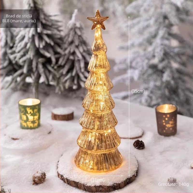 Brad de Crăciun din sticlă pentru desktop — stil european, iluminat, decor de masă (Material: sticlă; Brand: Jackie; Utilizare: Desktop; Categoria: Brad de Crăciun; IP: Nu)