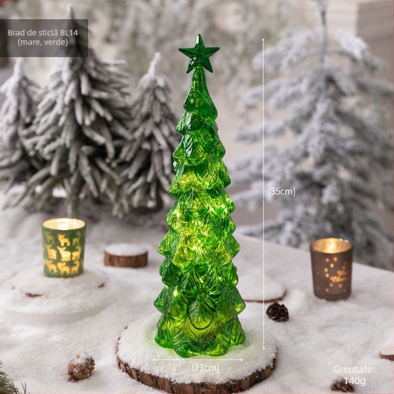 Brad de Crăciun din sticlă pentru desktop — stil european, iluminat, decor de masă (Material: sticlă; Brand: Jackie; Utilizare: Desktop; Categoria: Brad de Crăciun; IP: Nu)