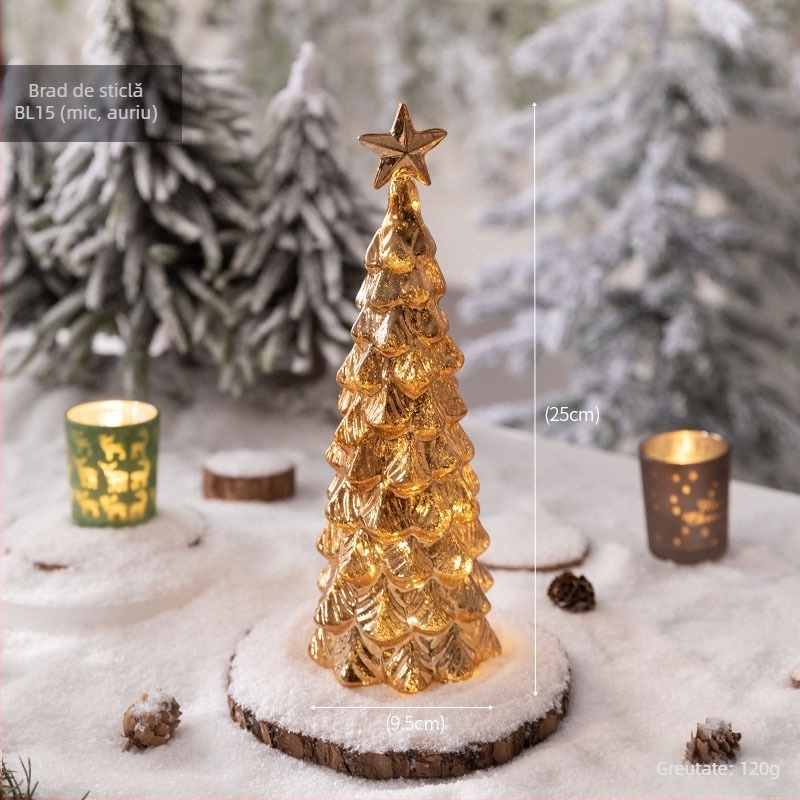 Brad de Crăciun din sticlă pentru desktop — stil european, iluminat, decor de masă (Material: sticlă; Brand: Jackie; Utilizare: Desktop; Categoria: Brad de Crăciun; IP: Nu)