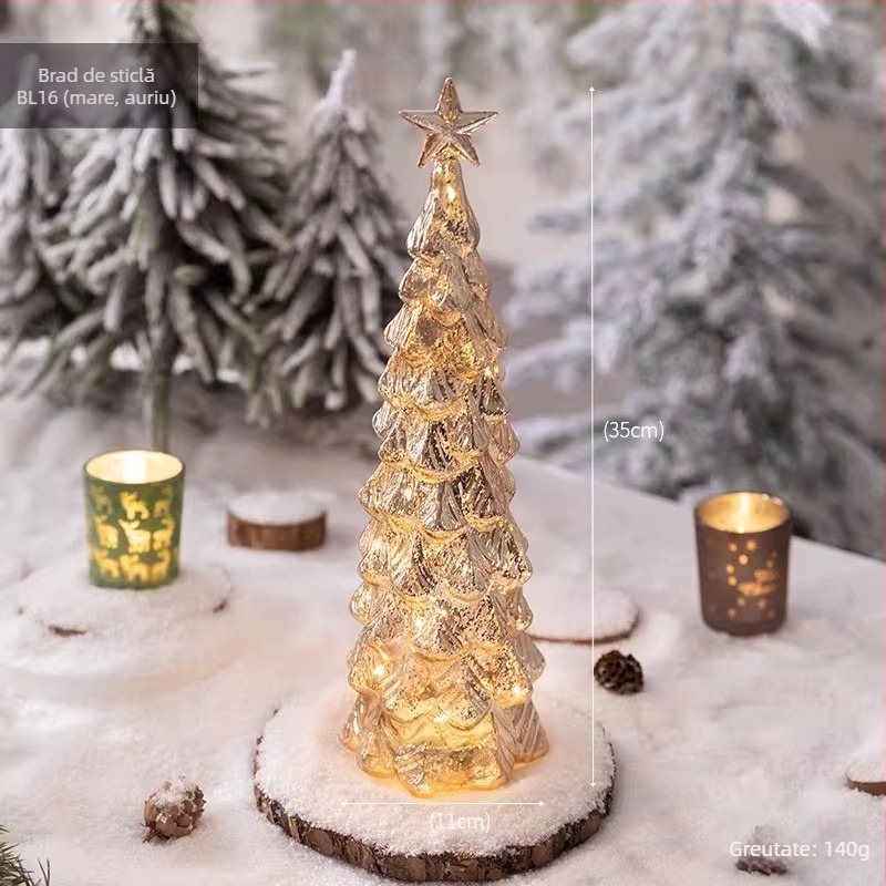 Brad de Crăciun din sticlă pentru desktop — stil european, iluminat, decor de masă (Material: sticlă; Brand: Jackie; Utilizare: Desktop; Categoria: Brad de Crăciun; IP: Nu)