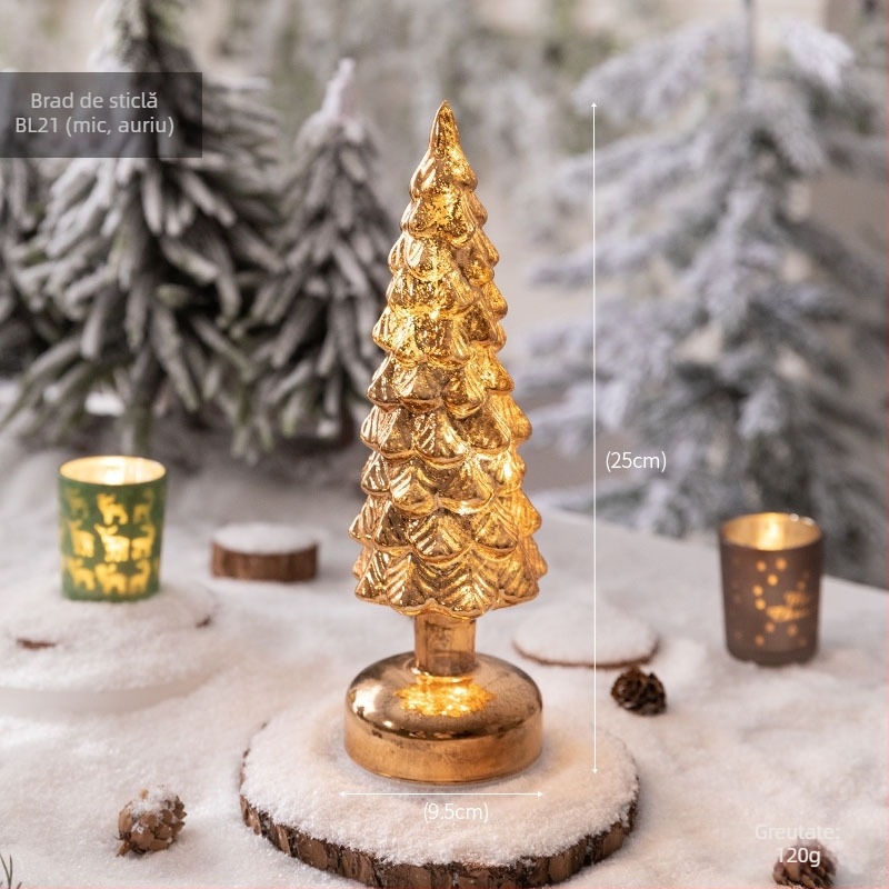 Brad de Crăciun din sticlă pentru desktop — stil european, iluminat, decor de masă (Material: sticlă; Brand: Jackie; Utilizare: Desktop; Categoria: Brad de Crăciun; IP: Nu)