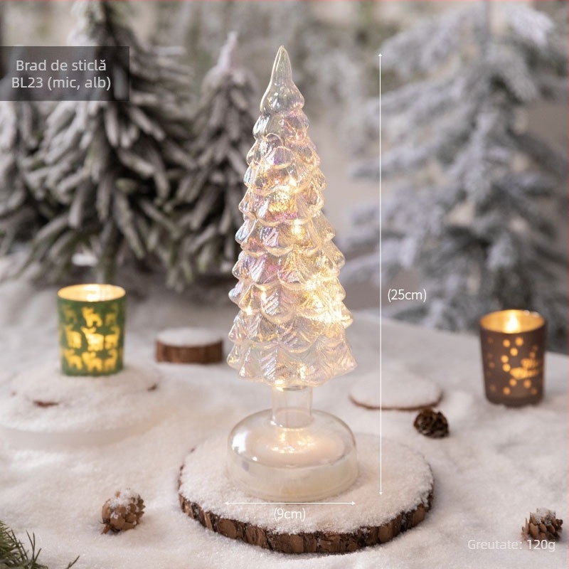 Brad de Crăciun din sticlă pentru desktop — stil european, iluminat, decor de masă (Material: sticlă; Brand: Jackie; Utilizare: Desktop; Categoria: Brad de Crăciun; IP: Nu)