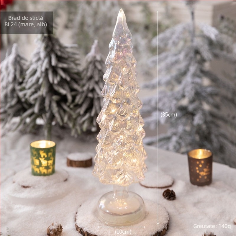 Brad de Crăciun din sticlă pentru desktop — stil european, iluminat, decor de masă (Material: sticlă; Brand: Jackie; Utilizare: Desktop; Categoria: Brad de Crăciun; IP: Nu)