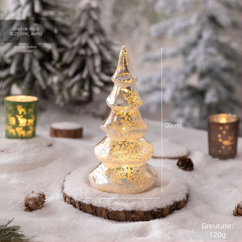 Brad de Crăciun din sticlă pentru desktop — stil european, iluminat, decor de masă (Material: sticlă; Brand: Jackie; Utilizare: Desktop; Categoria: Brad de Crăciun; IP: Nu)