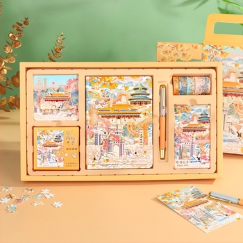 Set Jurnal City Notes – Temă Atracții Turistice, Bloc de Note din Hârtie, Bandă Puzzle, Stickere, Stilou de Semnătură, Cadou în Stil Modern Art