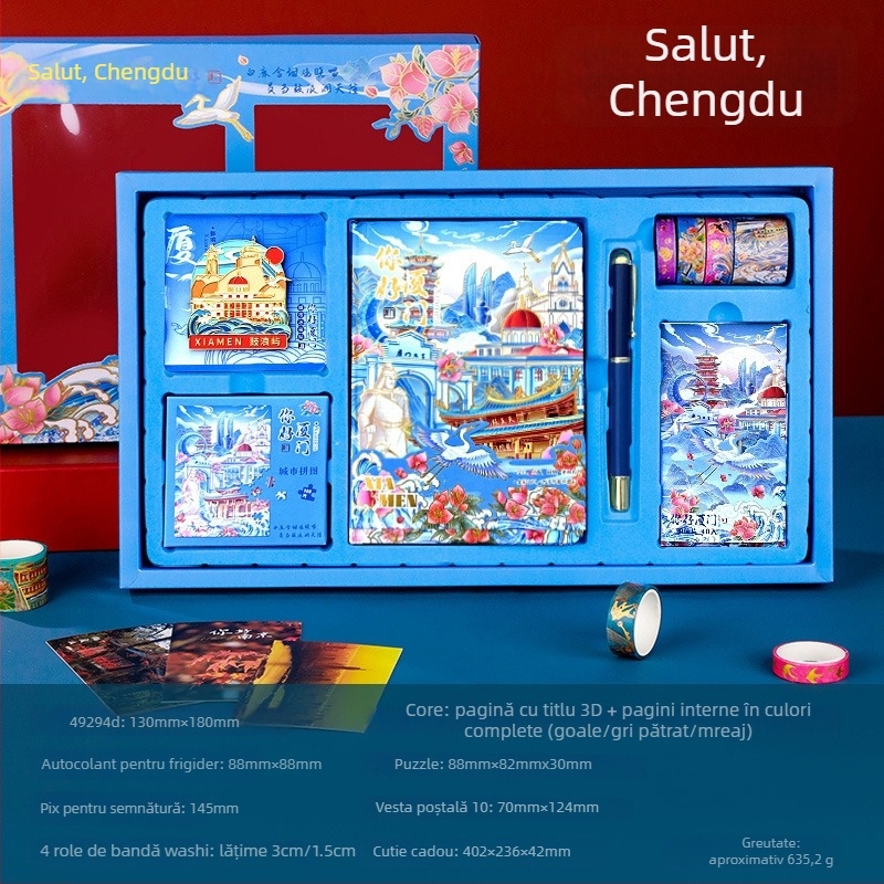 Set Jurnal City Notes – Temă Atracții Turistice, Bloc de Note din Hârtie, Bandă Puzzle, Stickere, Stilou de Semnătură, Cadou în Stil Modern Art