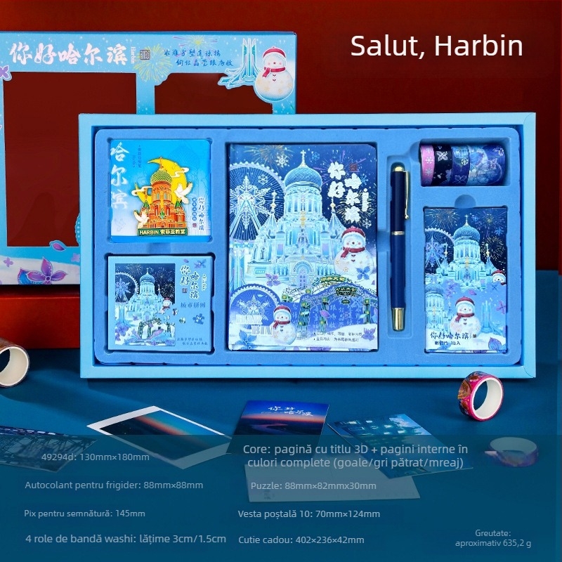 Set Jurnal City Notes – Temă Atracții Turistice, Bloc de Note din Hârtie, Bandă Puzzle, Stickere, Stilou de Semnătură, Cadou în Stil Modern Art