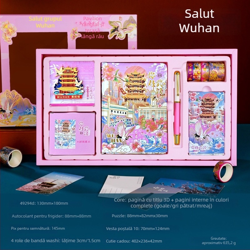 Set Jurnal City Notes – Temă Atracții Turistice, Bloc de Note din Hârtie, Bandă Puzzle, Stickere, Stilou de Semnătură, Cadou în Stil Modern Art