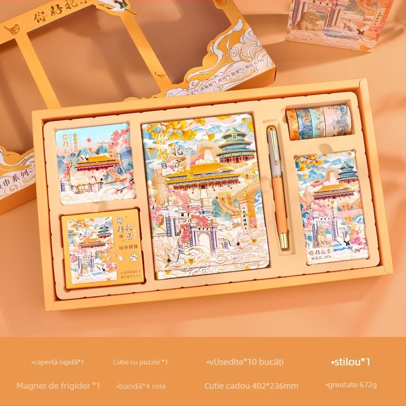 Set Jurnal City Notes – Temă Atracții Turistice, Bloc de Note din Hârtie, Bandă Puzzle, Stickere, Stilou de Semnătură, Cadou în Stil Modern Art