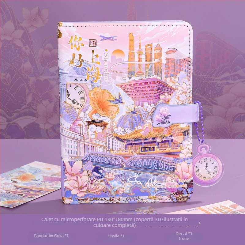 Set Jurnal City Notes – Temă Atracții Turistice, Bloc de Note din Hârtie, Bandă Puzzle, Stickere, Stilou de Semnătură, Cadou în Stil Modern Art