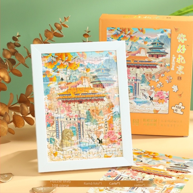 Set Jurnal City Notes – Temă Atracții Turistice, Bloc de Note din Hârtie, Bandă Puzzle, Stickere, Stilou de Semnătură, Cadou în Stil Modern Art