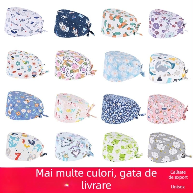 Pălărie medicală din bumbac imprimată, pentru chirurgi, stomatologi și profesioniști în cosmetică, cu model cartoon și logo, vârf plat, fără margine, potrivită pentru toate anotimpurile