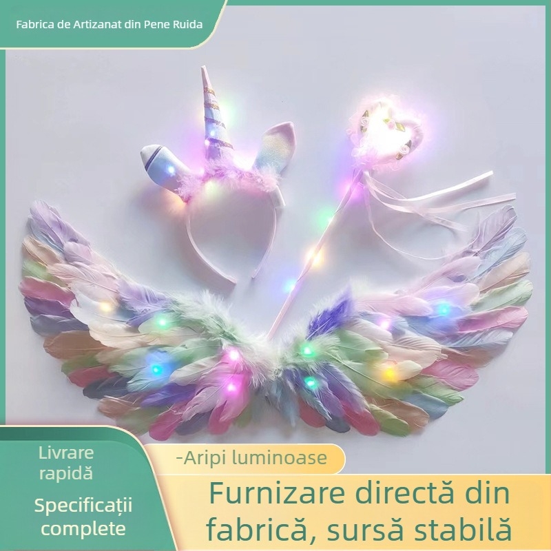 Aripi cu pene luminoase și diademă unicorn pentru fete – accesorii foto în stil înger/elf, 60×35 cm