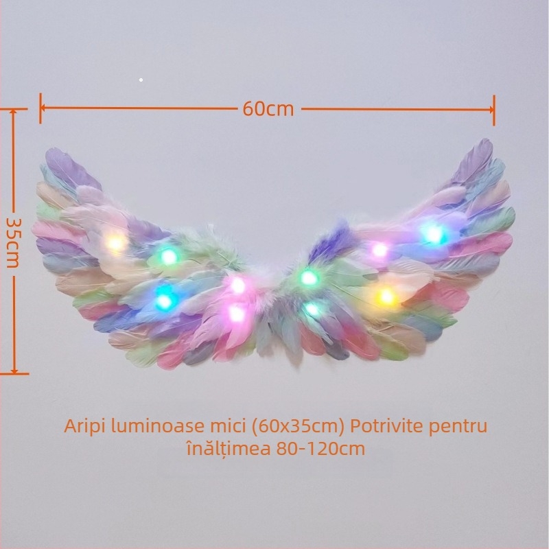 Aripi cu pene luminoase și diademă unicorn pentru fete – accesorii foto în stil înger/elf, 60×35 cm