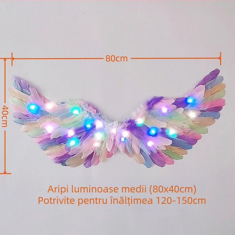 Aripi cu pene luminoase și diademă unicorn pentru fete – accesorii foto în stil înger/elf, 60×35 cm