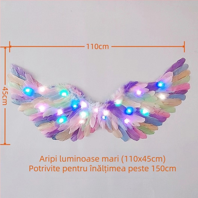 Aripi cu pene luminoase și diademă unicorn pentru fete – accesorii foto în stil înger/elf, 60×35 cm