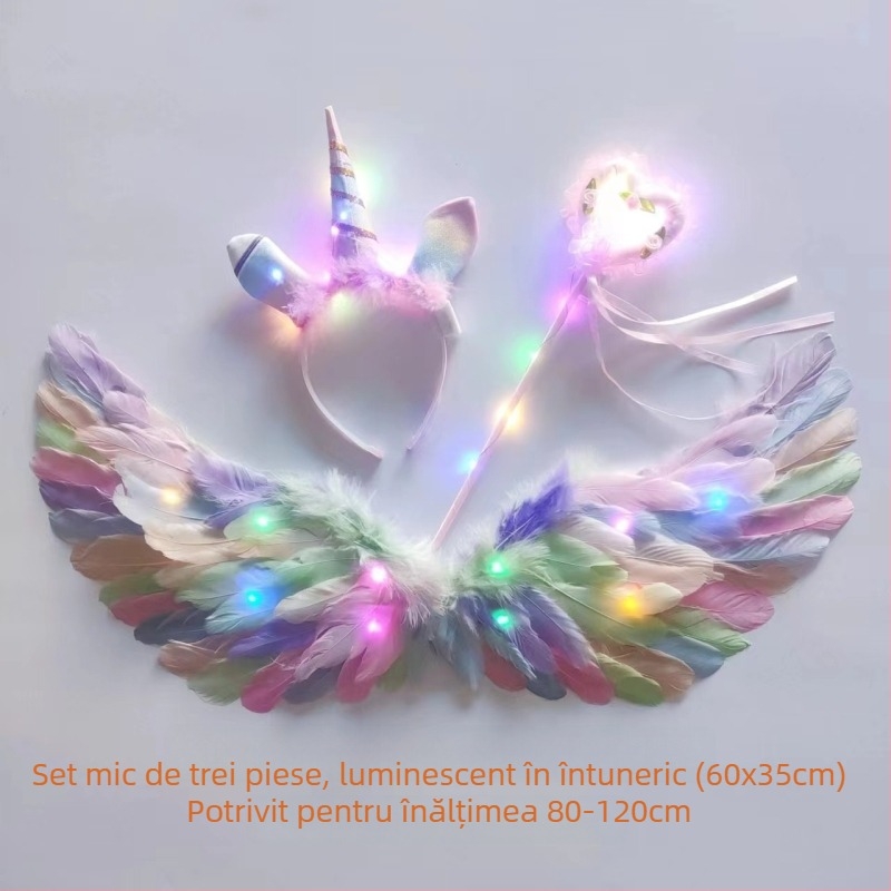 Aripi cu pene luminoase și diademă unicorn pentru fete – accesorii foto în stil înger/elf, 60×35 cm