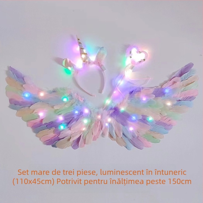 Aripi cu pene luminoase și diademă unicorn pentru fete – accesorii foto în stil înger/elf, 60×35 cm