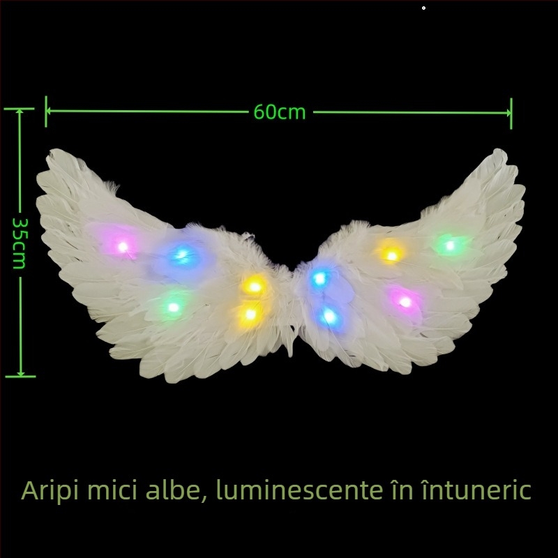 Aripi cu pene luminoase și diademă unicorn pentru fete – accesorii foto în stil înger/elf, 60×35 cm