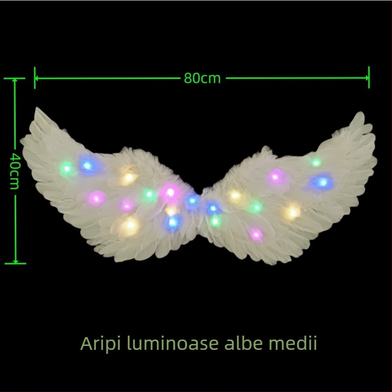 Aripi cu pene luminoase și diademă unicorn pentru fete – accesorii foto în stil înger/elf, 60×35 cm