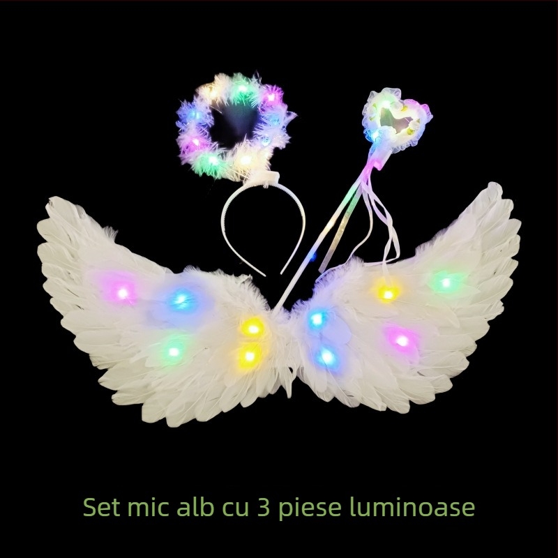 Aripi cu pene luminoase și diademă unicorn pentru fete – accesorii foto în stil înger/elf, 60×35 cm