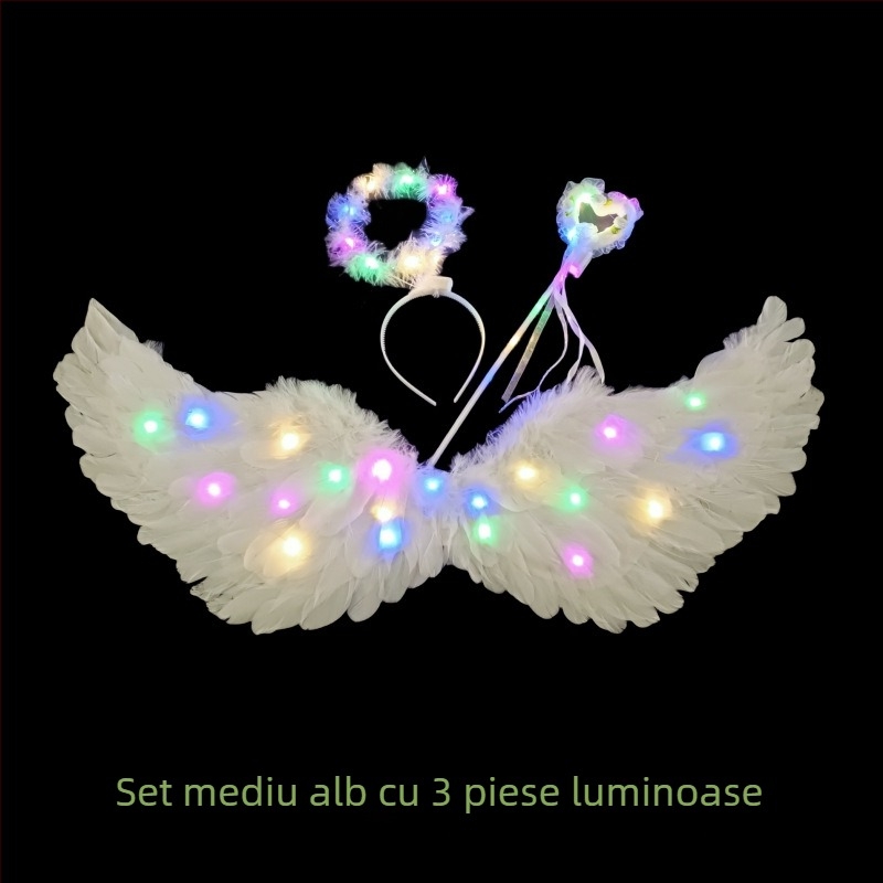Aripi cu pene luminoase și diademă unicorn pentru fete – accesorii foto în stil înger/elf, 60×35 cm