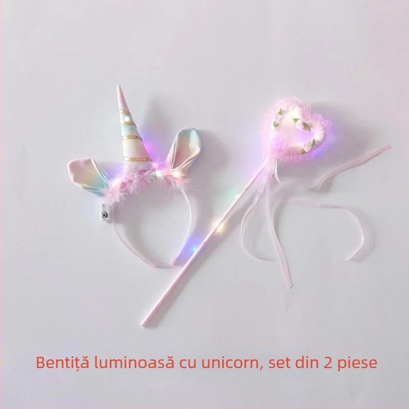 Aripi cu pene luminoase și diademă unicorn pentru fete – accesorii foto în stil înger/elf, 60×35 cm