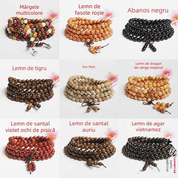 Brățară mala budistă cu 108 mărgele din abanos și lemn de trandafir, 6 mm sau 8 mm