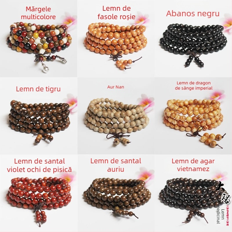 Brățară mala budistă cu 108 mărgele din abanos și lemn de trandafir, 6 mm sau 8 mm