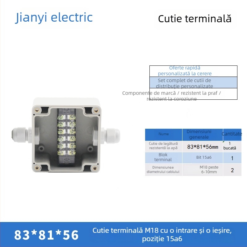 Cutie de distribuție din plastic, impermeabilă pentru exterior, cu terminal, pentru cabluri, cu urechi de montaj, ABS