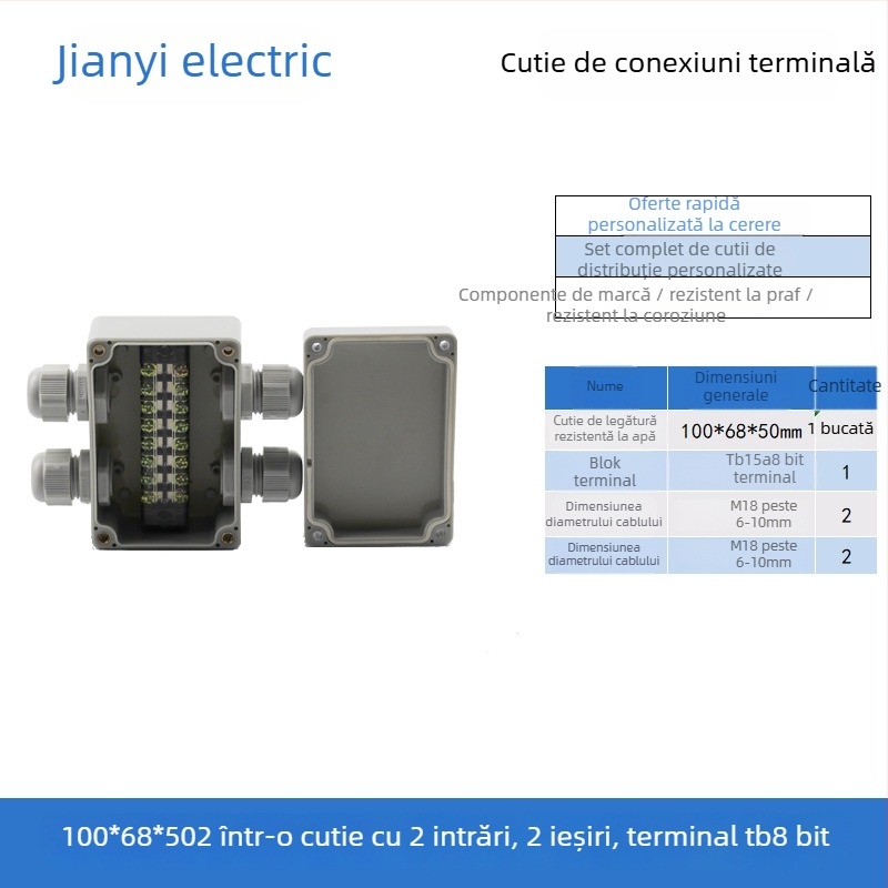 Cutie de distribuție din plastic, impermeabilă pentru exterior, cu terminal, pentru cabluri, cu urechi de montaj, ABS