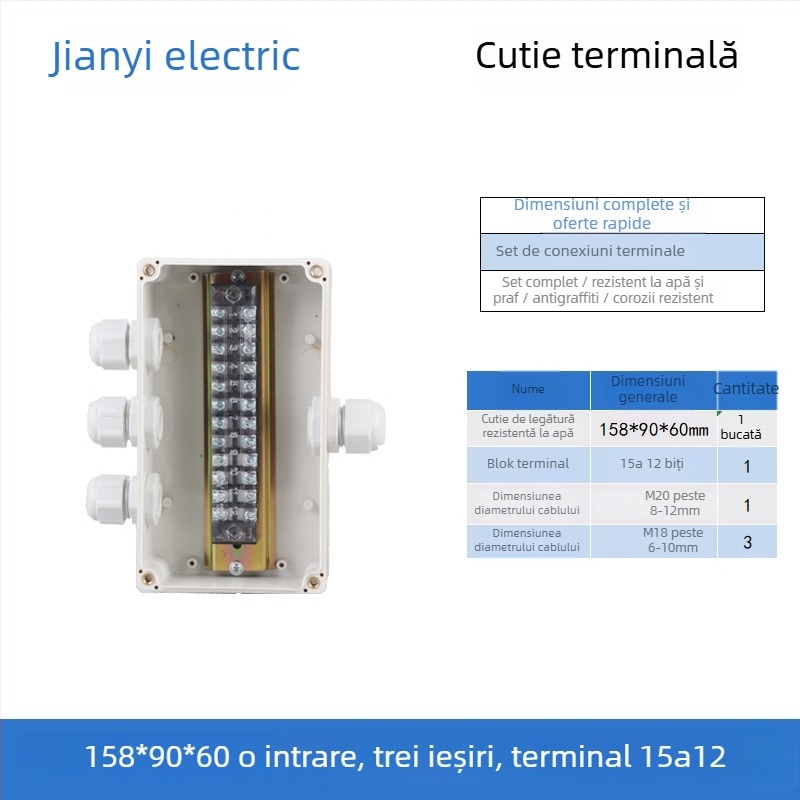 Cutie de distribuție din plastic, impermeabilă pentru exterior, cu terminal, pentru cabluri, cu urechi de montaj, ABS