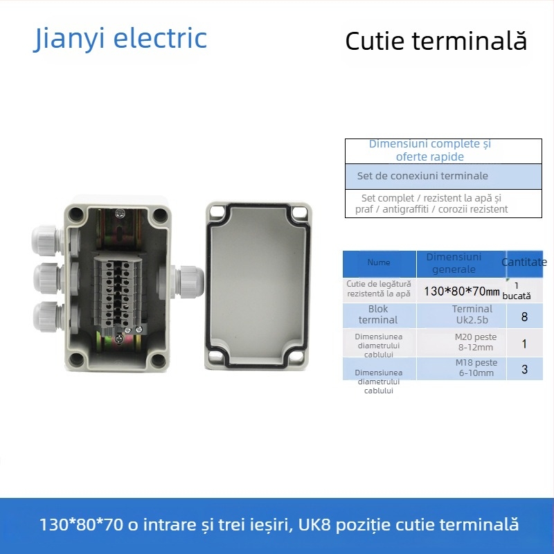 Cutie de distribuție din plastic, impermeabilă pentru exterior, cu terminal, pentru cabluri, cu urechi de montaj, ABS