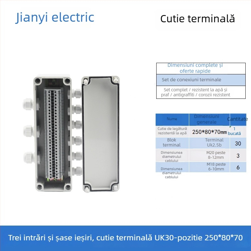 Cutie de distribuție din plastic, impermeabilă pentru exterior, cu terminal, pentru cabluri, cu urechi de montaj, ABS