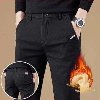 Pantaloni bărbați casual-business cu căptușeală de fleece, croială dreaptă, poliester, talie medie, închidere cu fermoar