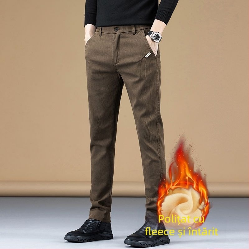 Pantaloni bărbați casual-business cu căptușeală de fleece, croială dreaptă, poliester, talie medie, închidere cu fermoar
