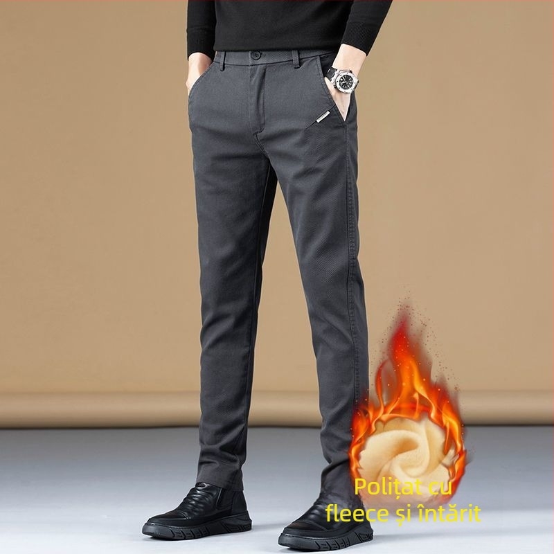 Pantaloni bărbați casual-business cu căptușeală de fleece, croială dreaptă, poliester, talie medie, închidere cu fermoar