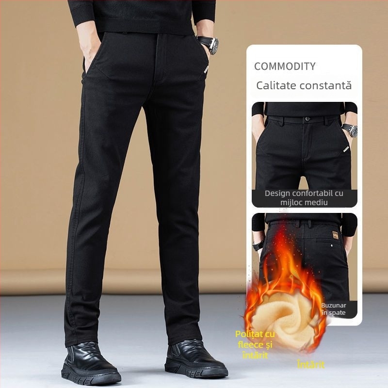 Pantaloni bărbați casual-business cu căptușeală de fleece, croială dreaptă, poliester, talie medie, închidere cu fermoar