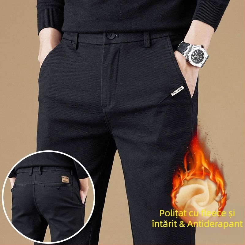 Pantaloni bărbați casual-business cu căptușeală de fleece, croială dreaptă, poliester, talie medie, închidere cu fermoar