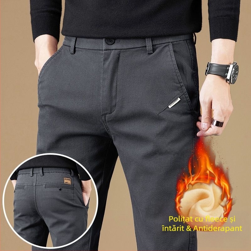 Pantaloni bărbați casual-business cu căptușeală de fleece, croială dreaptă, poliester, talie medie, închidere cu fermoar
