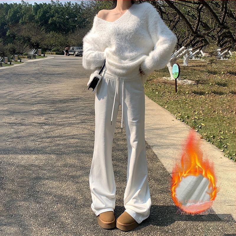 Pantaloni sport pentru femei, ușor evazați, căptușiți cu fleece de iarnă, talie joasă, lungime până la podea, din amestec poliester-bumbac