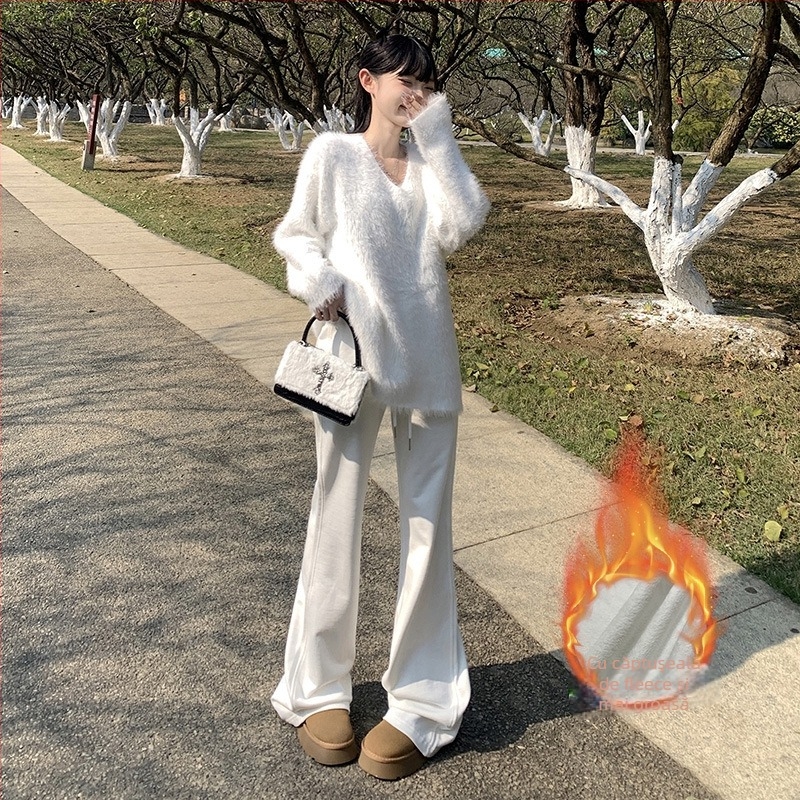 Pantaloni sport pentru femei, ușor evazați, căptușiți cu fleece de iarnă, talie joasă, lungime până la podea, din amestec poliester-bumbac