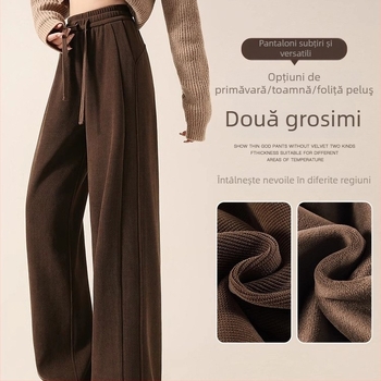 Pantaloni largi de damă, cu fleece din chenille, talie înaltă, lungime 3/4