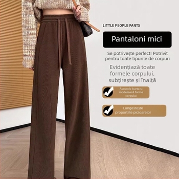 Pantaloni largi de damă, cu fleece din chenille, talie înaltă, lungime 3/4