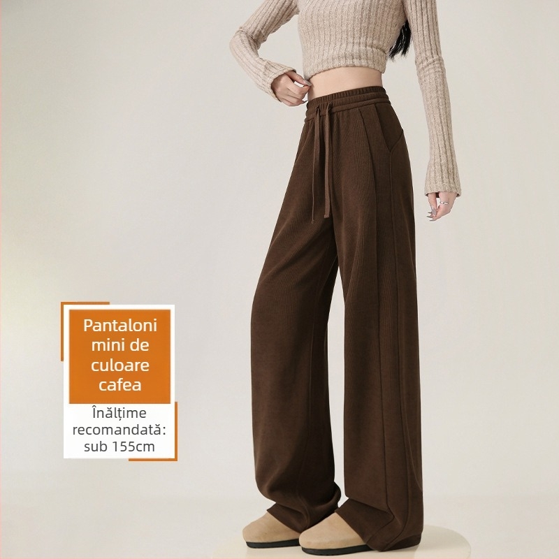 Pantaloni largi de damă, cu fleece din chenille, talie înaltă, lungime 3/4